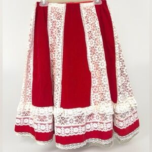 Vtg Prairie Pheasant Skirt Carefree Fashion Arizona Red Velvet/Lace Maxi Skirt M